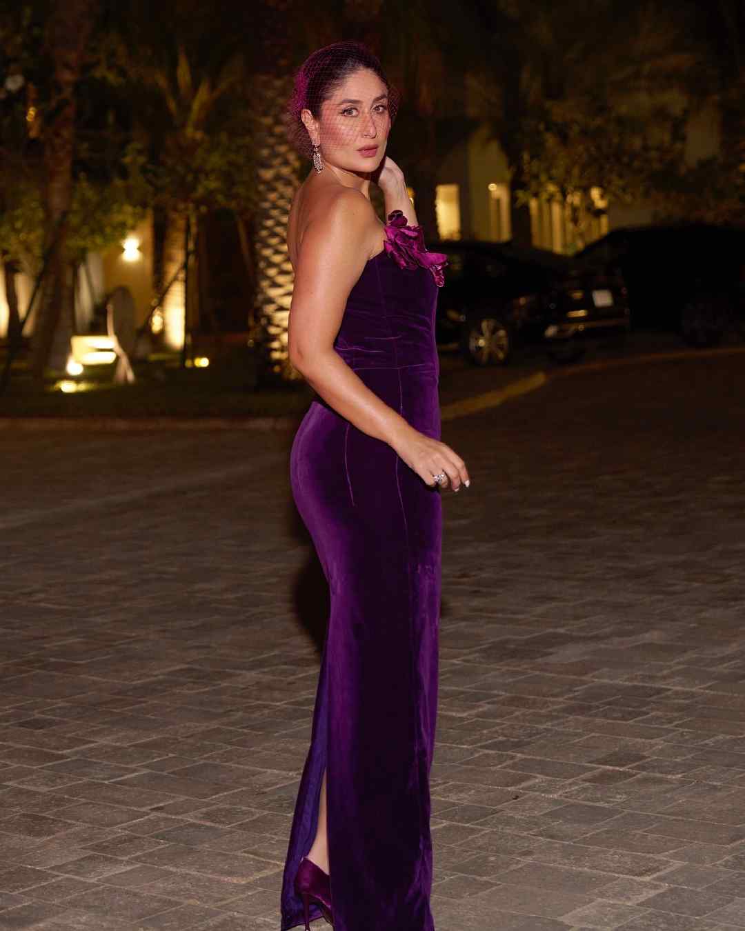 Kareena opted for purple stiletto pumps to complete her look.  