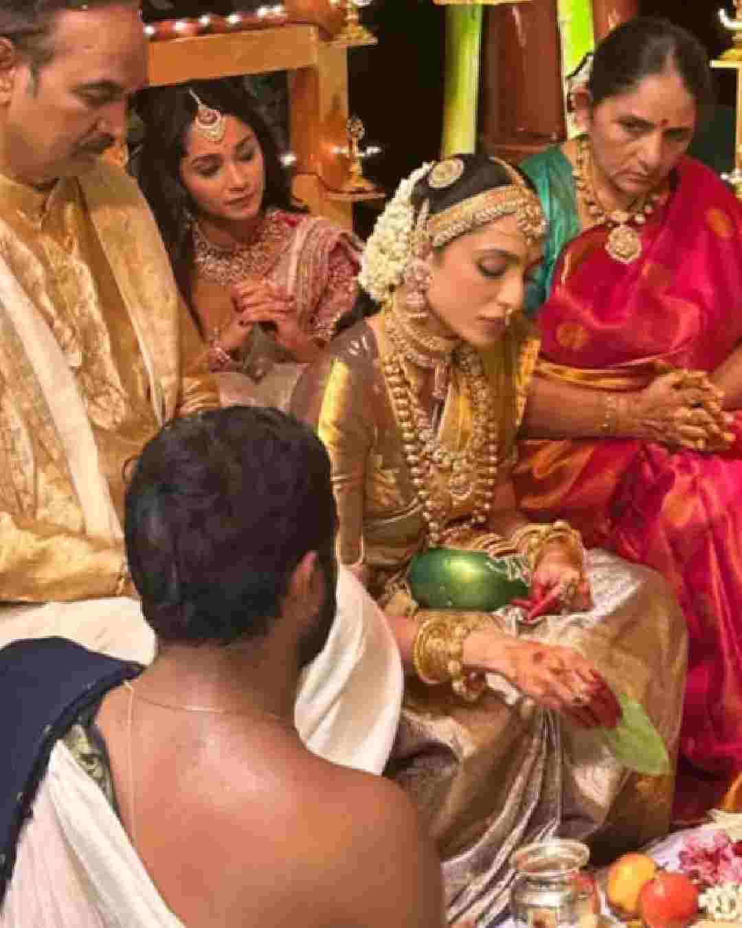 Clad in a golden silk sari, Sobhita participated in rituals ahead of her wedding on December 4 in Hyderabad. 