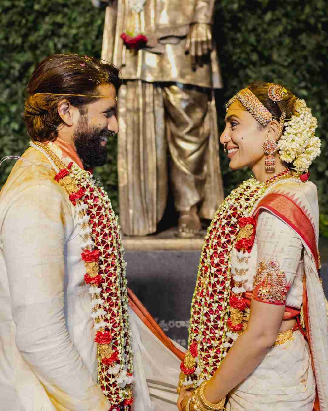 Sobhita and Chaitanya twinned in traditional off-white ensembles. 