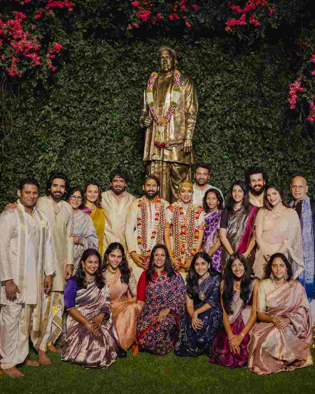 The newlyweds posed for a group picture with Nagarjuna, his wife Amala Akkineni, his younger son Akhil Akkineni and other family members.