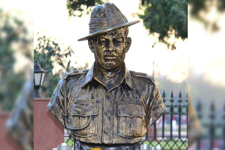 A bust of Major Dhan Singh Thapa, who retired as a lieutenant-colonel in 1980