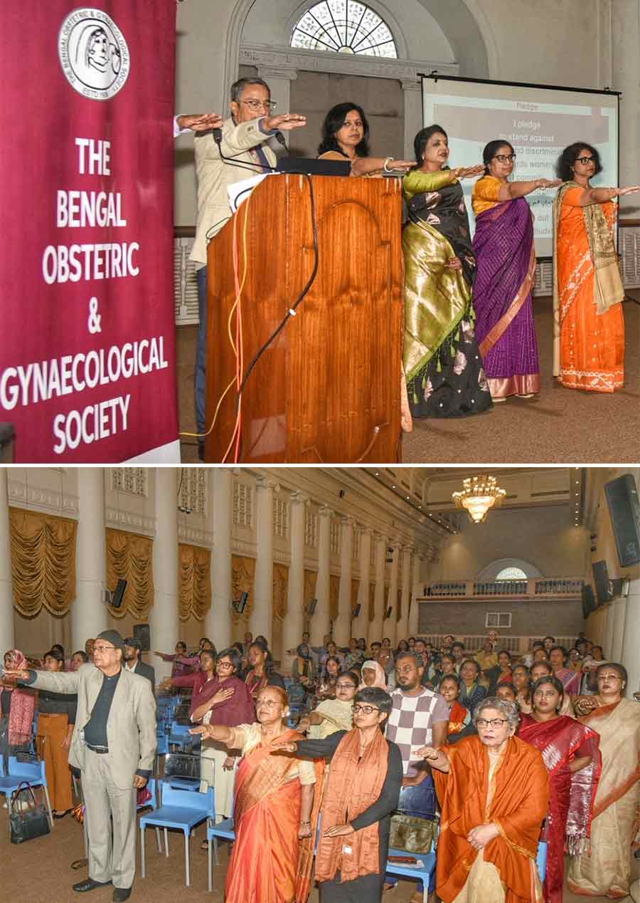 The Bengal Obstetric and Gynaecological Society (BOGS) organised a panel discussion at the Town Hall on ‘Creating an inclusive, equal and violence-free society- A way forward’ on December 8. In pictures, members of BOGS along with participants took a pledge to end violence against women
