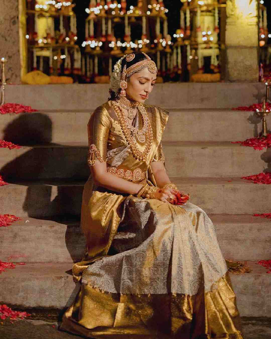 Sobhita dazzled in a traditional golden Kanjeevaram on the day of her wedding.