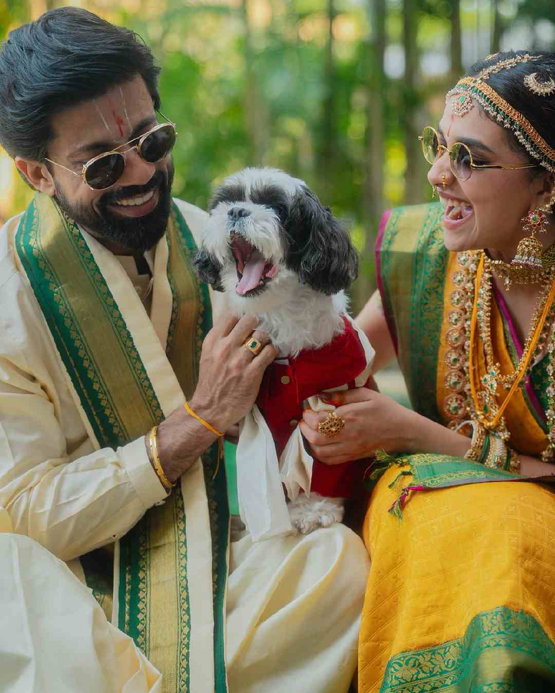 The newlyweds posed for a picture with Keerthy Suresh's dog Nyke. 