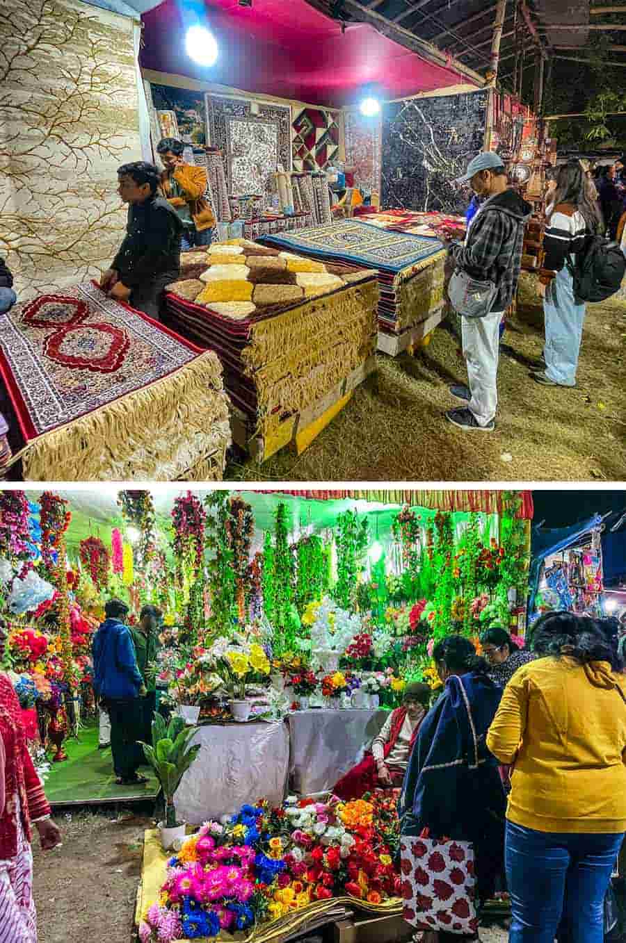  It opens up avenues for small businesses. Several stalls have been around for years and at the same location. In picture, a carpet seller stacks up the best of his offerings at the fair and a stall sells artificial flowers and plants