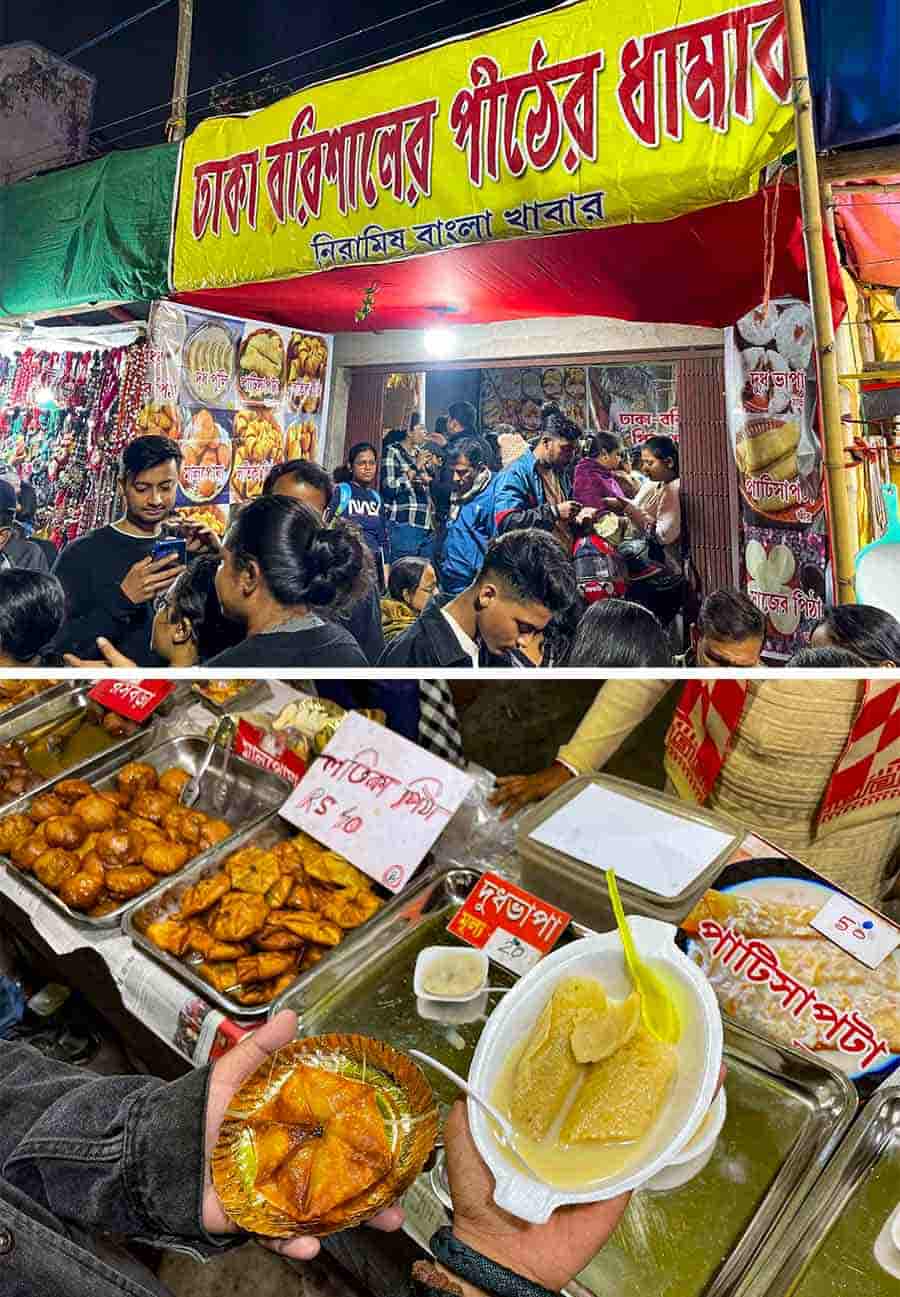 Besides the usual phuchka and jalebi, relish ‘Dhakai kochuri’, ‘pithe’, ‘patishapta’ and more. In picture, a stall sells delicacies from Dhaka and Barishal in Bangladesh