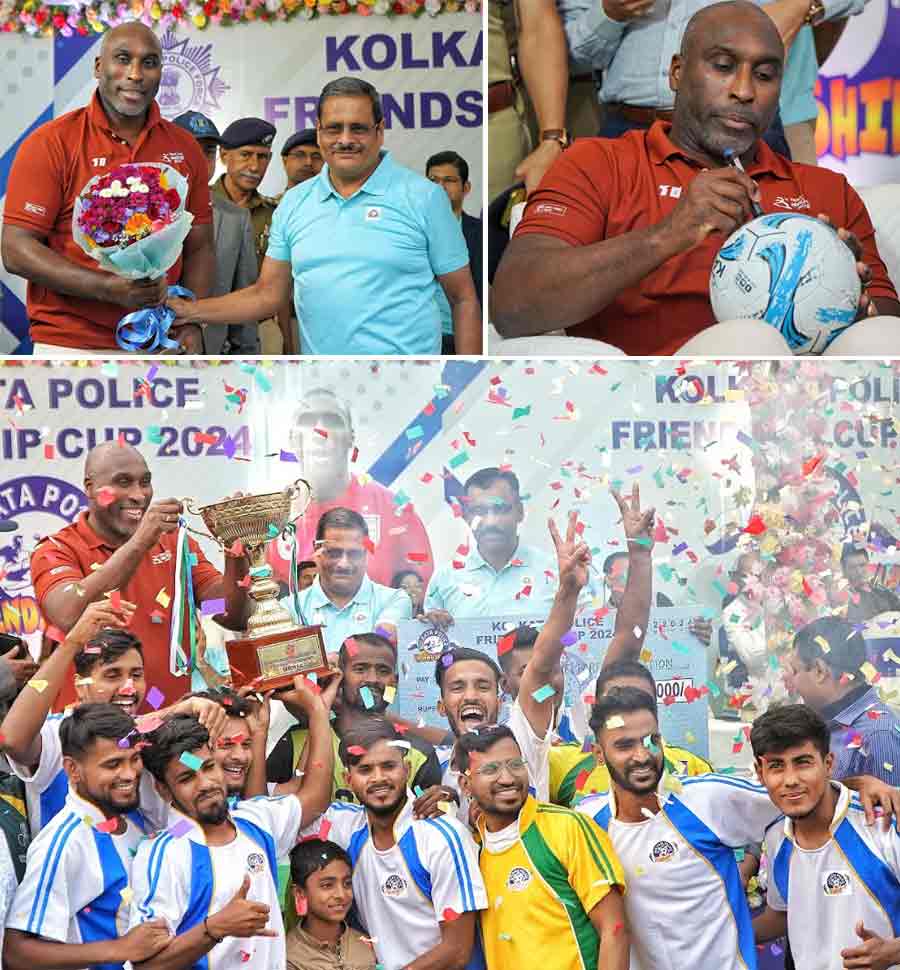 (Clockwise from top left) Kolkata police commissioner Manoj Kumar Verma felicitates English professional football manager and former player Sol Campbell; he autographs a football and the duo hand over the winning trophy of the Kolkata Police Friendship Cup to the winning team  