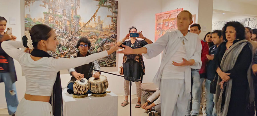 Tabla exponent Subhadrakalyan, who is credited with reviving the lost art of Tabla Tarang, plays as dancers Rajnandini Pal and Shahrin Johry collaborate with him via movement 