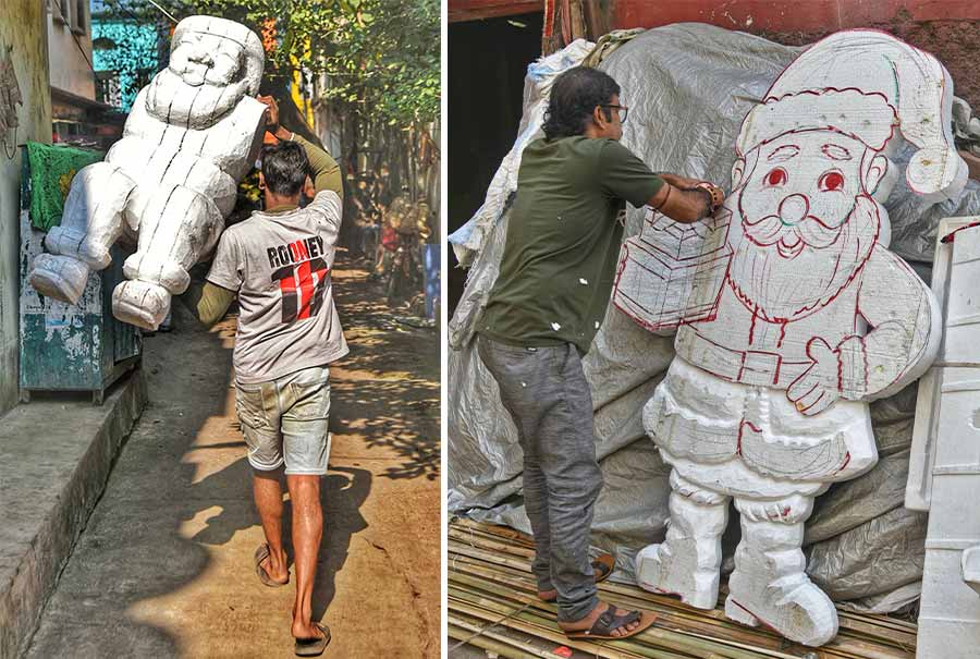 A Santa Claus being taken for painting at Dompara and (right) being carved out of thermocol 