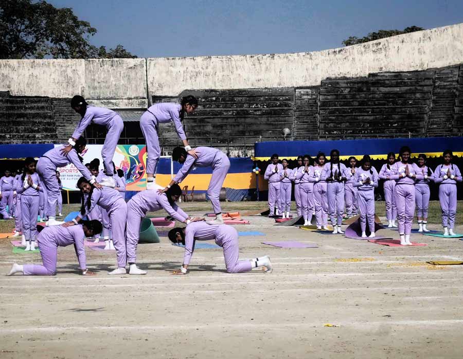 Students performing gymnastics at the annual sports of Ruby Park Public School at Gitanjali Stadium 