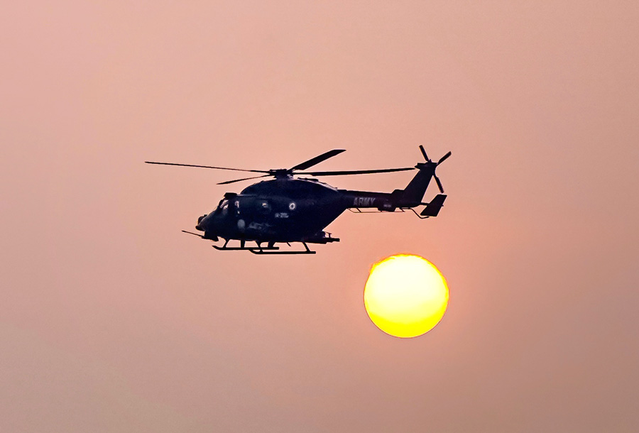 An Indian Air Force chopper hovers over the city during Vijay Diwas rehearsal on December 9. Vijay Diwas will be observed on December 16 