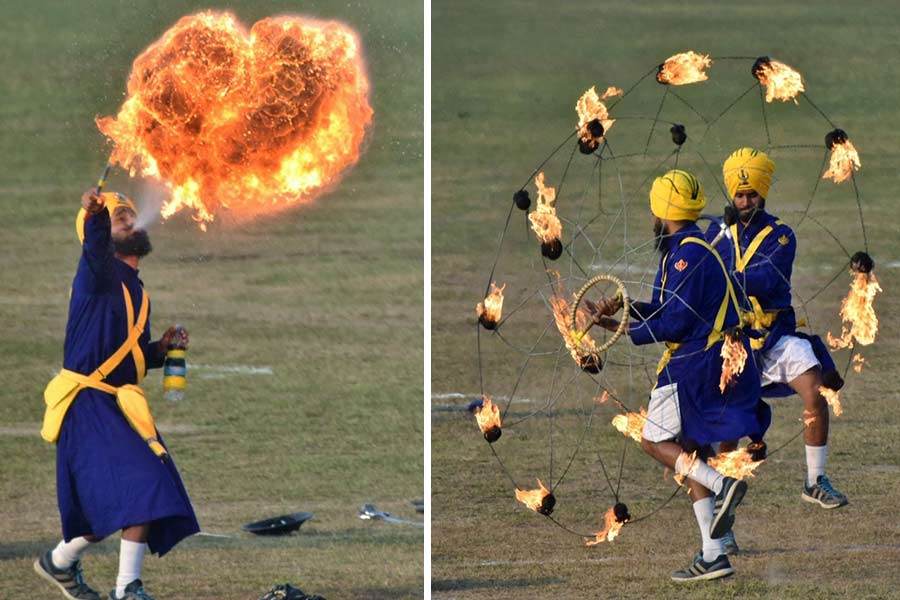 Fire breathing and other martial arts on display at the Vijay Diwas celebrations at Fort William on Monday
