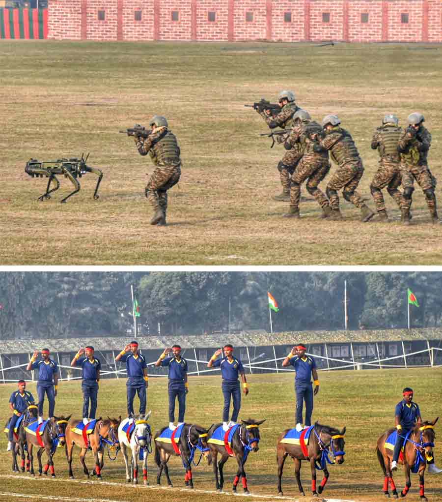 (Top) A robotic dog and soldiers on an army mission and (above) steeds walk down during the celebrations