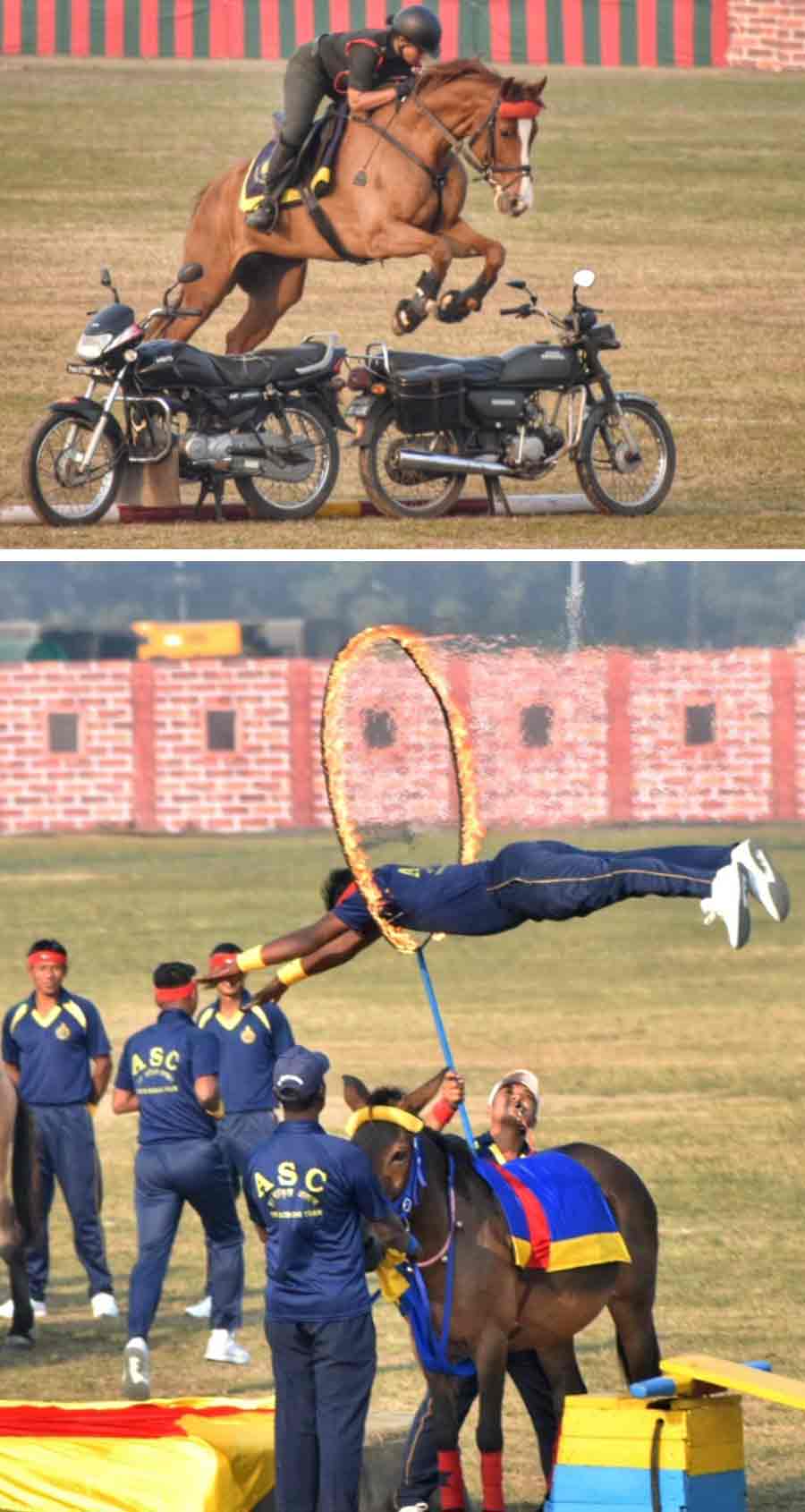 (Top) A defence forces jockey leads his horse to perform a stunt over two motorbikes and (above) a soldier leaps through a ring of fire   