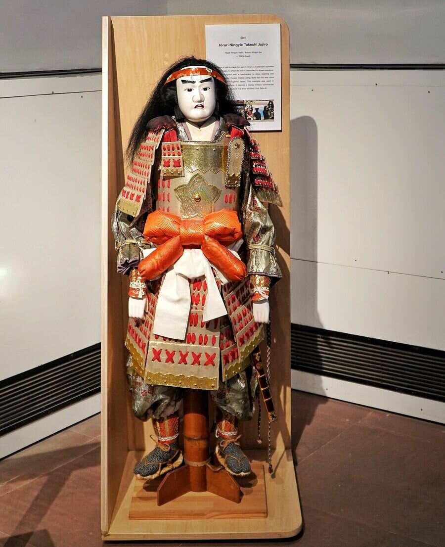 Joruri Ningyo: Takechi Jujiro is popular in Japanese puppet theatre. This doll is the replica of a commander in the military. These puppets can open and close their eyes on the expert handling of a puppeteer