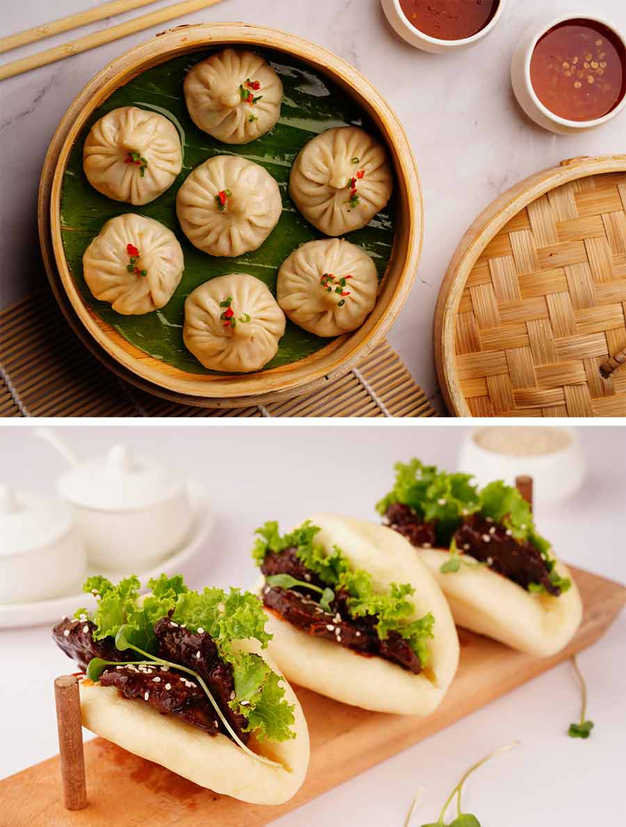 For starters, you’ll be spoilt for choices. Go for juicy Duck Meat Momo served with hot garlic sauce or (below) fluffy Bao buns stuffed with sweet and savoury roasted sliced duck 