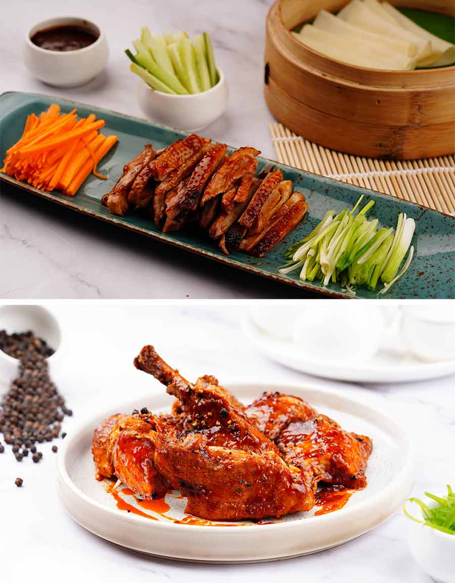 Try a classic Peking Duck with scallions, cucumber, pancakes and BBQ sauce. For a peppery kick, order (below) Hot Pepper-Roasted Duck seasoned with the flavours of crushed black pepper