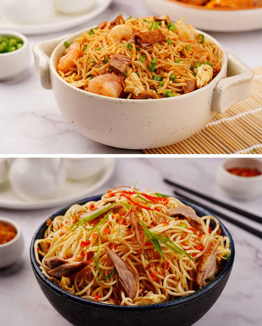 There are three options in rice and noodles. There is Kolkata Style Duck Meat Rice — a traditional and flavourful fried rice flavoured with soya sauce and tossed with duck meat and shrimp. Lovers of rice noodles can have the Thai-style Duck Meat Meifoon tossed with flavourful and aromatic Thai spices, or you can go for the (below) Butter Chilli Garlic Duck Meat & Egg Noodles 