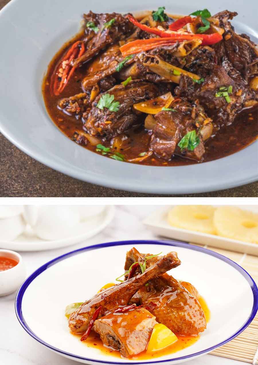 Pair up your choice of rice and noodles with mains like Hangzhou Style Roasted Duck where the tender roasted duck is tossed with celery in black bean sauce. For a sweet and spicy combination, the (below) Roasted Duck in Chilli Plum Sauce is the best choice 