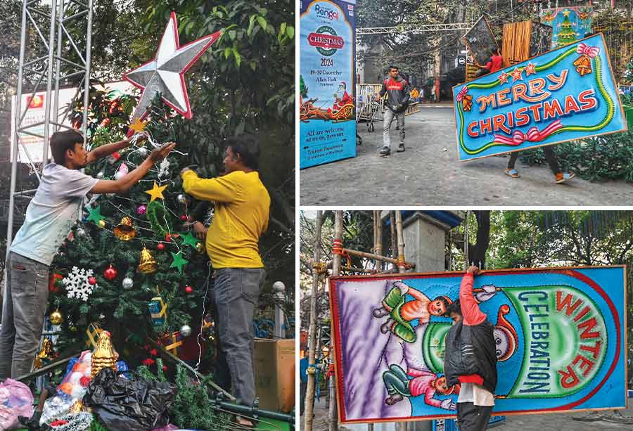 Workers prepare for the Kolkata Christmas Festival 2024 at Allen Park, Park Street on Tuesday. The state-sponsored event will run from December 19 to 30