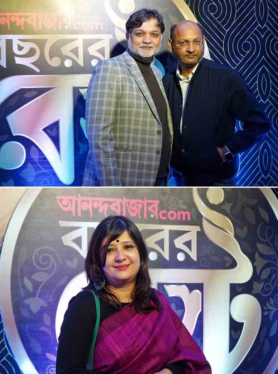 Filmmaker Srijit Mukherji was present with SVF co-founder Shrikant Mohta. (Below) Piya Chakraborty looked poised in a purple tussar smartly teamed with a long-sleeved black top to keep the chill away