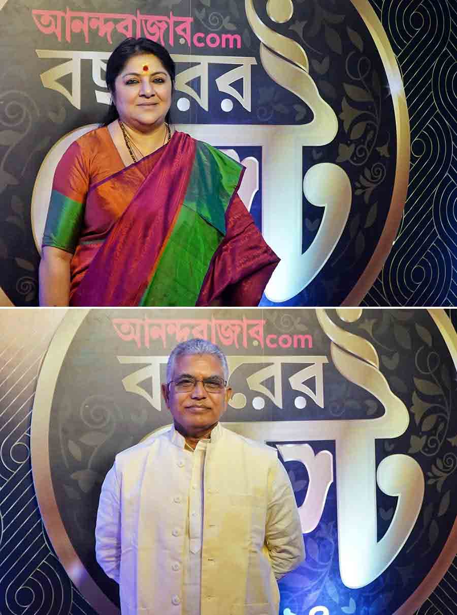 Former Lok Sabha members Locket Chatterjee and (below) Dilip Ghosh, both from the BJP, made an appearance on the red carpet before moving into the main venue 