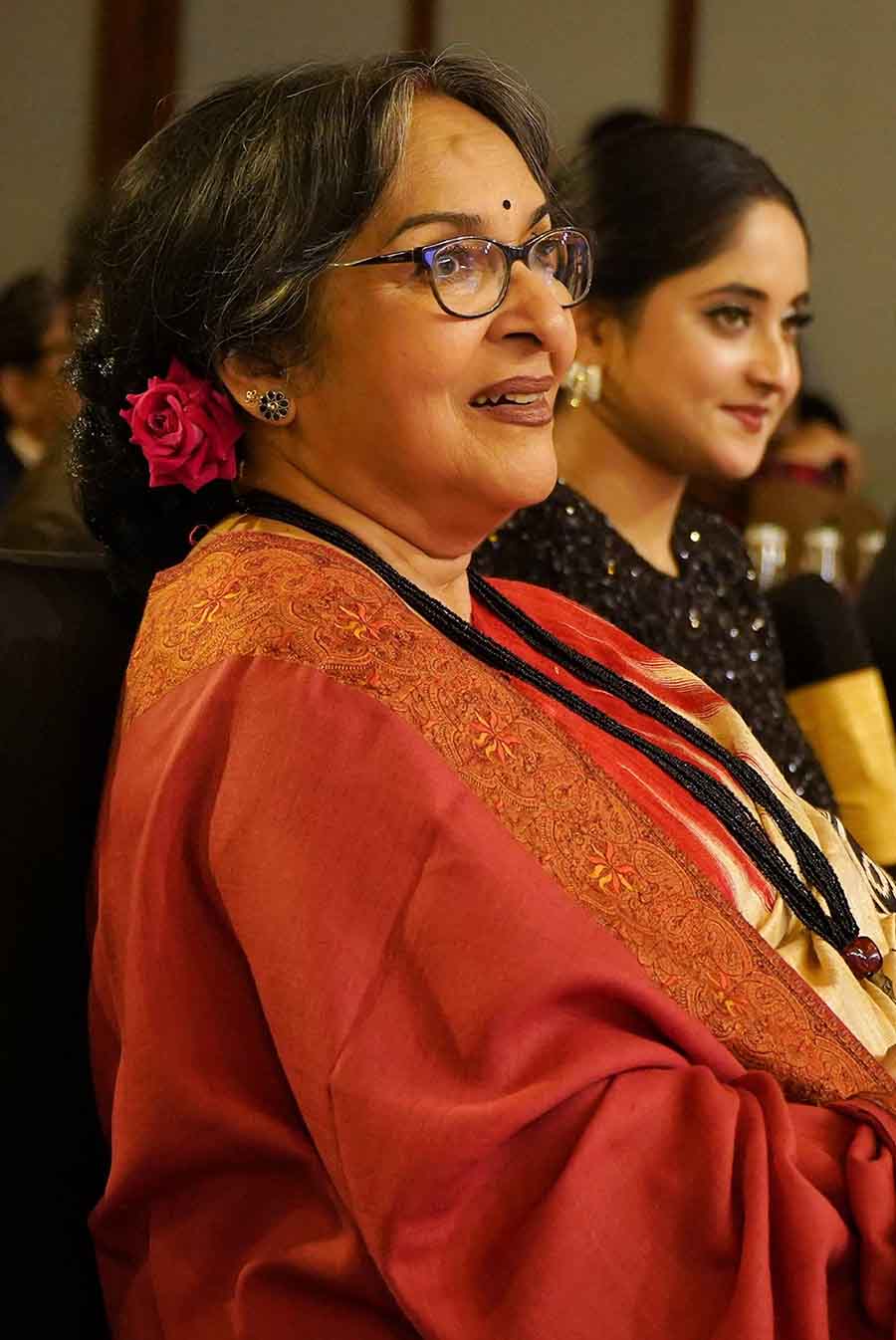 The ever-graceful actress-danseuse Mamata Shankar, with the signature flower in her bun, watches the proceedings 