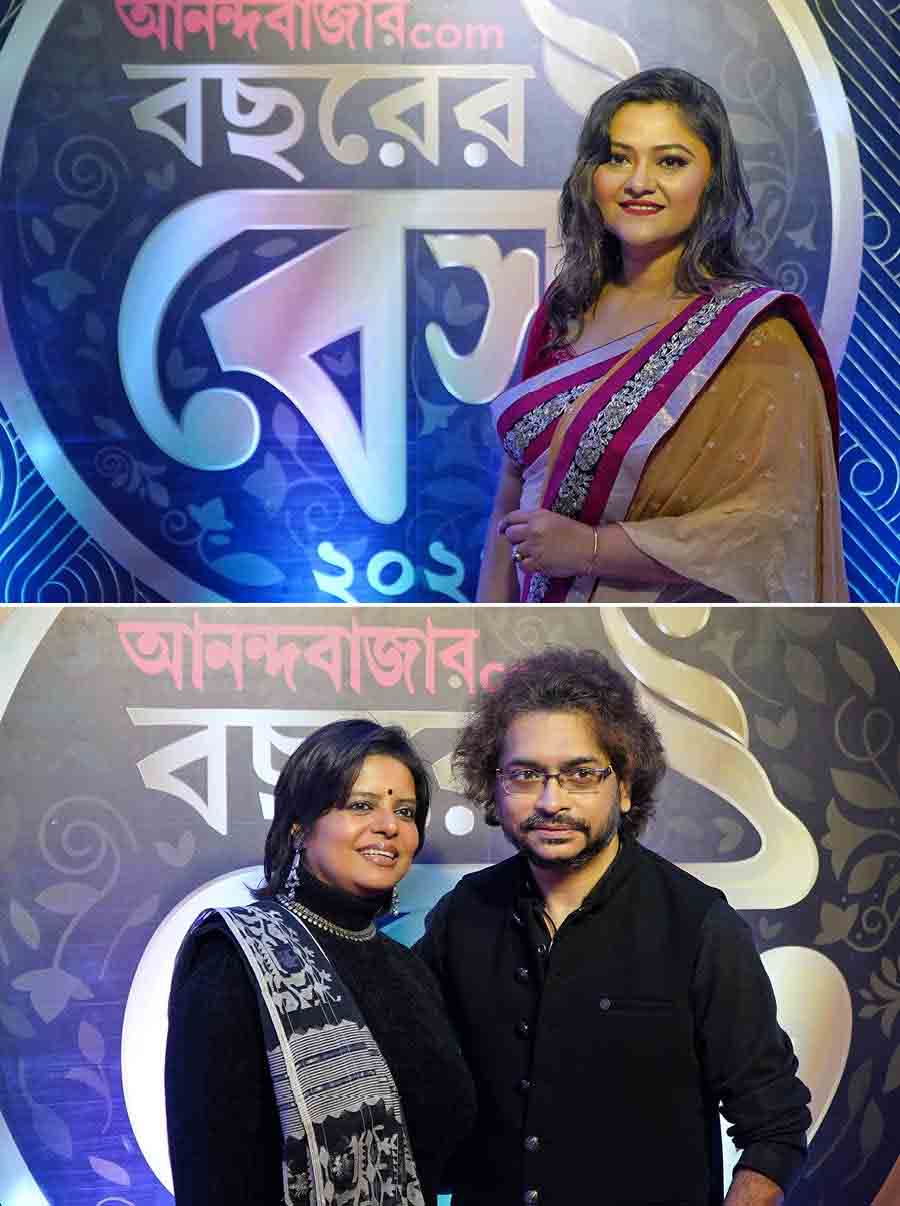 Koneenica Banerjee brought her gorgeous smile to brighten up an already glamorous occasion while (below) Rupam Islam and his wife Rupsha Dasgupta twinned in black