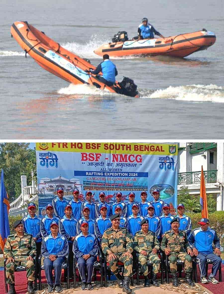 Dinghy boats near Bally bridge as part of the all-women Ganga River Rafting Expedition-2024 from Gangotri in Uttarakhand to Gangasagar in West Bengal. BSF & National Mission for Clean Ganga are conducting the expedition