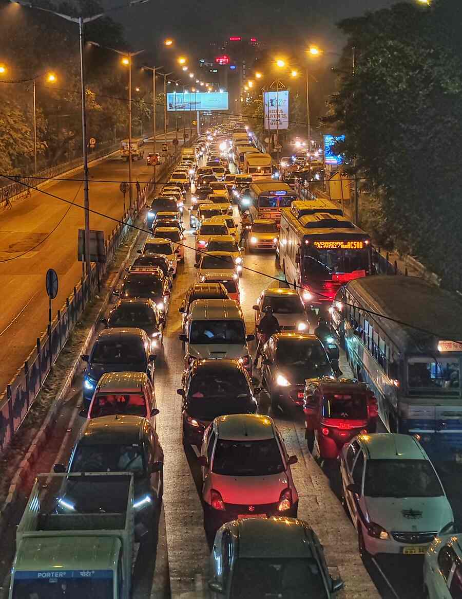 Vehicles stand bumper to bumper during rush-hour traffic on the EM Bypass 