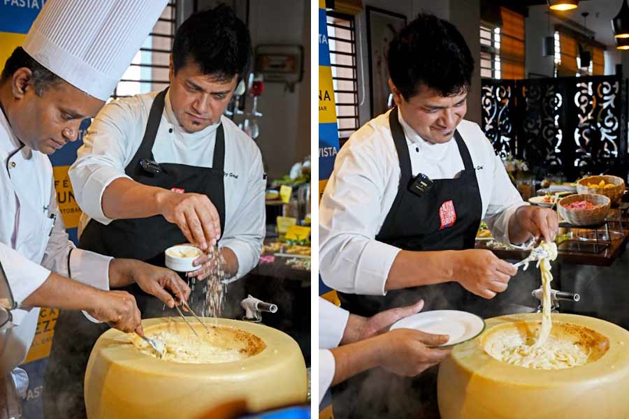 One of the highlights of the menu is a Parmesan Cheese Wheel Pasta, which is dressed inside a huge wheel of cheese. A 32-kg wheel of parmesan has graced the table at Mezzuna for this special dish. The core of the giant wheel is melted with a blow torch. Cooked spaghetti is then dressed in the molten cheese and served with a dash of truffle oil and truffle shavings for an umami twist
