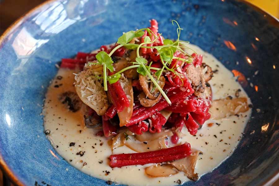 The Casarecce is a tribute to the Sicily region of Italy. The short twisty pasta is dressed in a heady truffle butter, with a generous amount of juicy grilled mushrooms and parmesan 