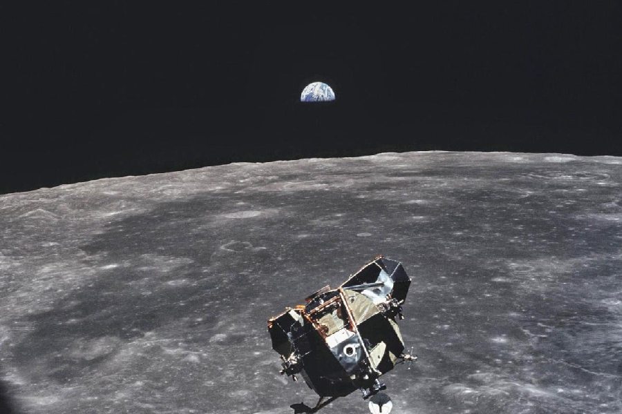 In 1969, during the Apollo 11 mission, the astronaut, Michael Collins, took a photograph of the lunar module that brought back Buzz Aldrin and Neil Armstrong from the moon with the Earth and a sliver of the lunar surface visible in the background.