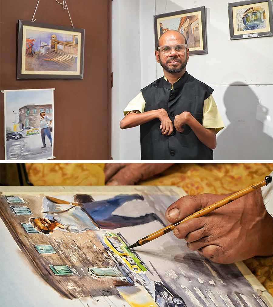 Wisdom Tree Cafe on Jatin Das Road near Deshapriya Park in south Kolkata played host to Colours of Courage, an extraordinary exhibition, on December 9 and 10. Arijit Official, with My Kolkata as digital media partners, had organised the exhibition with six differently abled artists who showcased 30 pieces of art. Eighteen of those were sold. Ranjan Kurmi (in picture), a 42-year-old, was born with underdeveloped limbs. Ranjan has been painting since the age of five. He paints with his toes (as seen in pictures) and water colour is his preferred medium