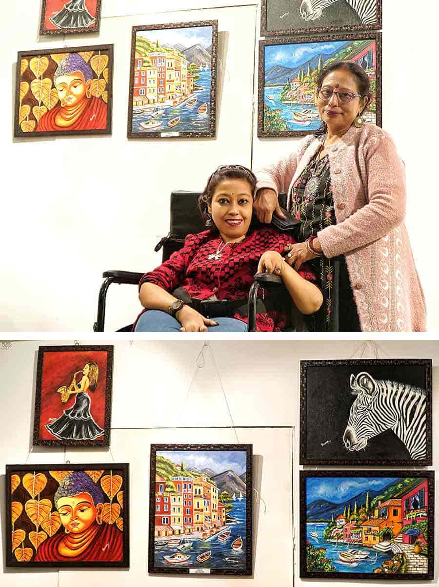 Reema Banerjee has been differently abled for life but that didn’t stop her from achieving a degree in computer science as well as a masters degree in fine arts. At 37, Reema  teaches computer and arts simultaneously. She said: ‘I love listening to music and painting. That is what makes me most happy. I imagine what are the things I would like to do like play an instrument or dance and I use that as inspiration for my painting’