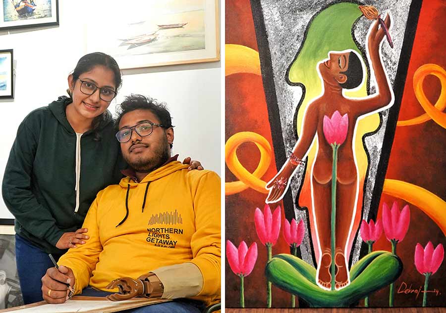 (In pic) Susmita Chakraborty Chatterjee and Debraj Chatterjee are partners in art. They fell in love through art and are both artists who do customised art on request. On display was Debraj’s work. The 29-year-old lost his left hand to cancer. Debraj said: ‘When I was receiving treatment for cancer and I was in the hospital from the day my hand had to be removed, I started drawing because I couldn’t do much else. I always loved art but since that day art has never left me.’ The second picture is a painting done by Debraj earlier in the years signifying his life blooming despite the hurdles one stroke at a time