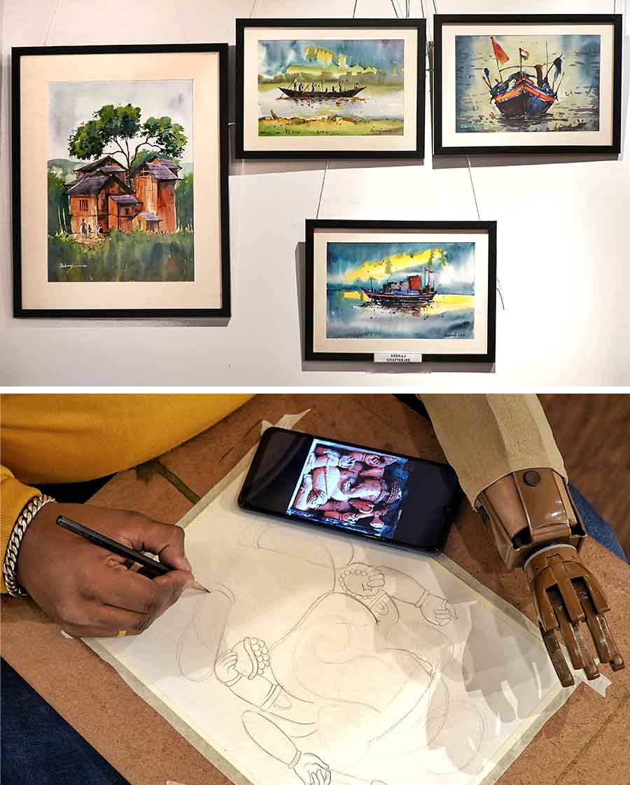 Debraj was drawing when we saw him. About his art form, he said: ‘I like water colours mainly. We do a lot of series paintings to form collection like this one of the boats (referring to painting in pics). His wife, Susmita, said: ‘We both teach art but we do a lot of painting together. We get requests for customised paintings mostly for gifting. We get portraits which people request to use for different set ups.’ The couple love art as much as they love each other