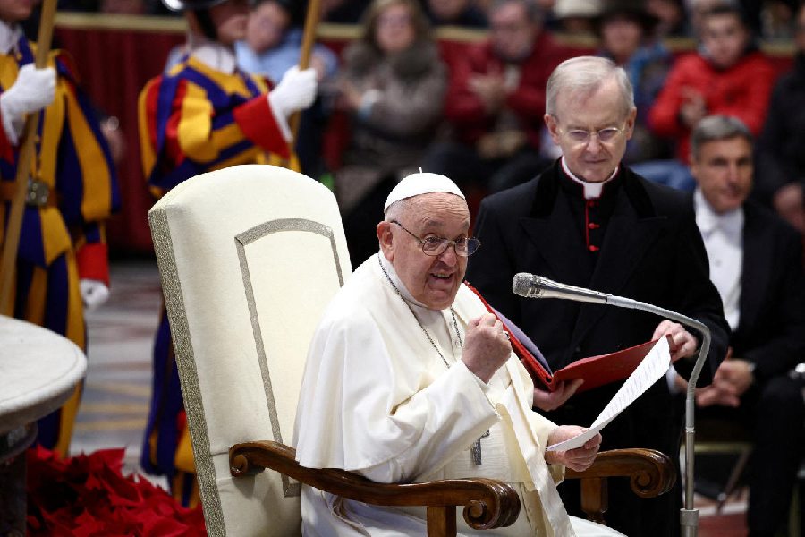 Pope Francis meets with the Italian pilgrims of the Camino de Santiago cared for by the Don Guanella organization at St. Peter's Basilica, at the Vatican, December 19, 2024.