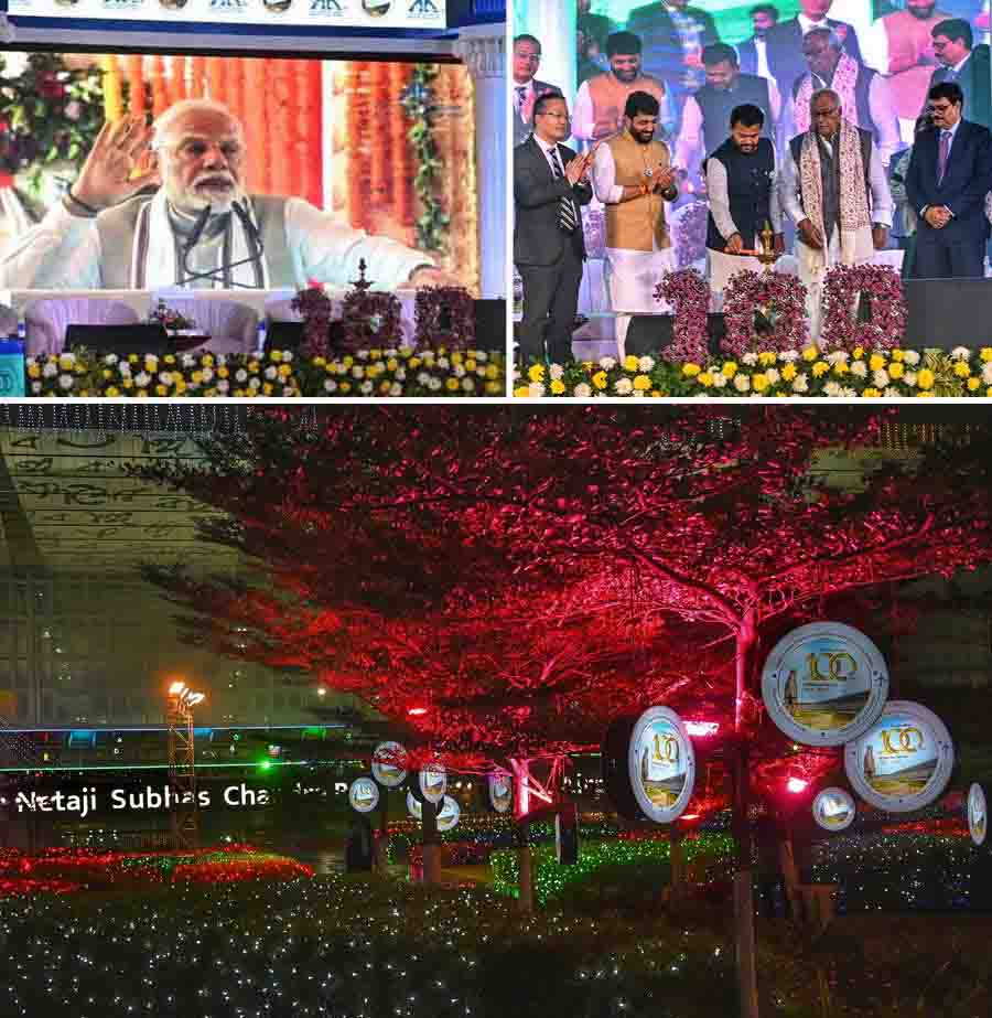 (Clockwise from top left) Prime Minister Narendra Modi delivers a speech through a livestream on Saturday evening on the completion of 100 years of flight operations from the Kolkata airport; dignitaries at the centenary celebrations and the airport sports a bridal makeover to mark the momentous occasion