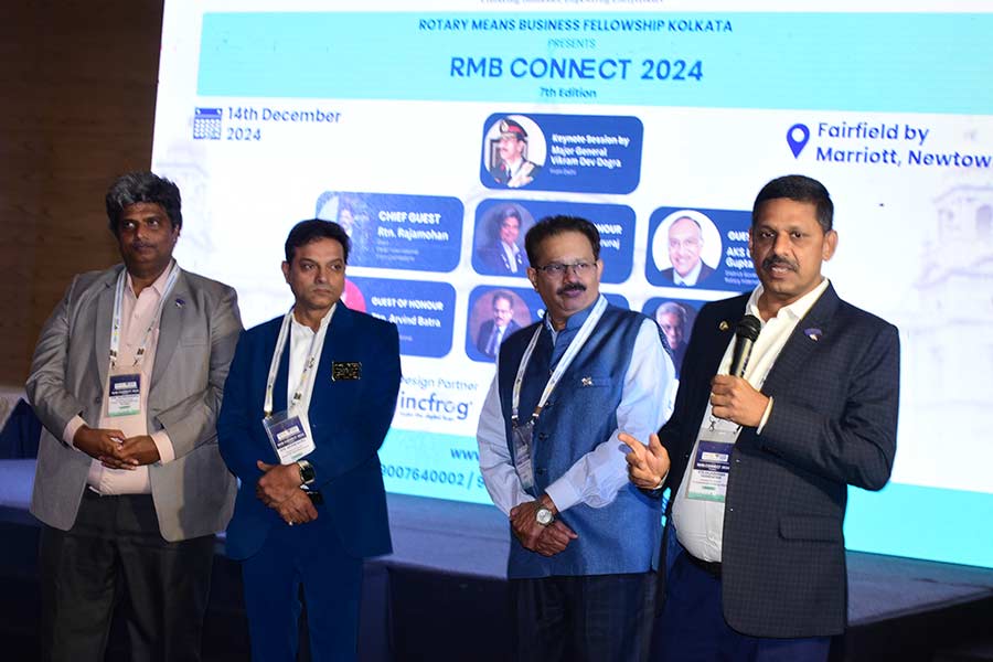 Business leaders and entrepreneurs from 11 Rotary Means Business chapters from across the country congregated at RMB Connect Kolkata 2024 at the Fairfield by Marriott on December 14. The event, which had The Telegraph Online My Kolkata as digital partners, witnessed a day of discussions, insights and networking. Among several dignitaries were top representatives from various RMB chapters, including (from left) Sachin Gururaj, Arvind Batra, Mahesh Saptarshi, Rajamohan; who was the chief guest on the occasion and (not in frame) Dr Krishnendu Gupta