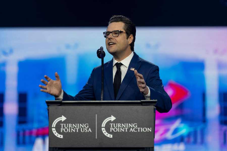 Former U.S. Representative Matt Gaetz (R-FL) speaks ahead of a visit by U.S. President-elect Donald Trump during the AmericaFest 2024 conference sponsored by conservative group Turning Point in Phoenix