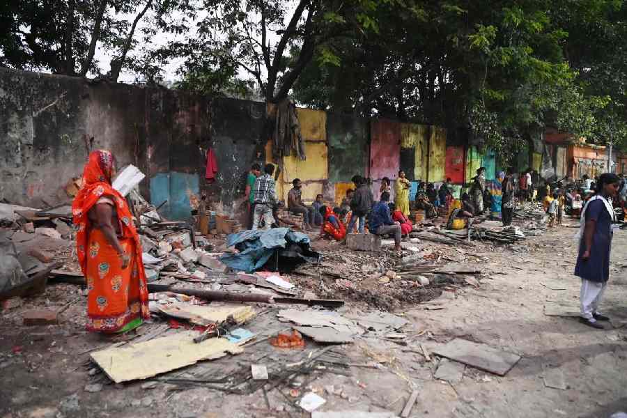 The stretch of Ramesh Dutta Street in the Beadon Street area after KMC's demolition drive on Monday.