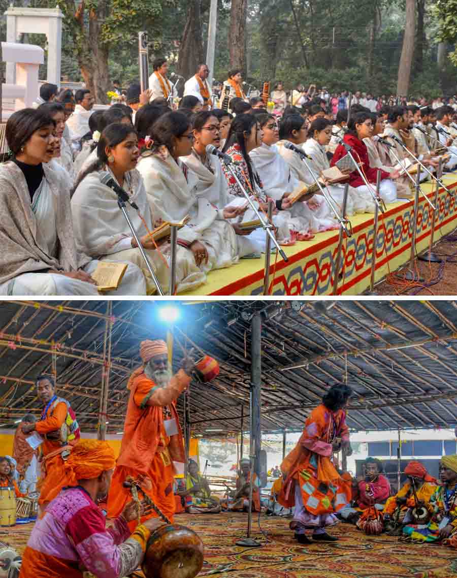 After a hiatus of three years, Pous Mela got off to a fresh start in Santiniketan with (top) a Brahmosangeet performance under the ‘Chhatimtola’ on Monday morning and a Baul performance in the afternoon. The fair, held on the seventh day of Bengali month ‘Pous’ which falls in late December, was first organised by Maharshi Debendranath Tagore, father of Visva-Bharati founder Rabindranath Tagore, in 1894 to showcase the handicrafts, heritage and culture of Bengal, particularly Birbhum district