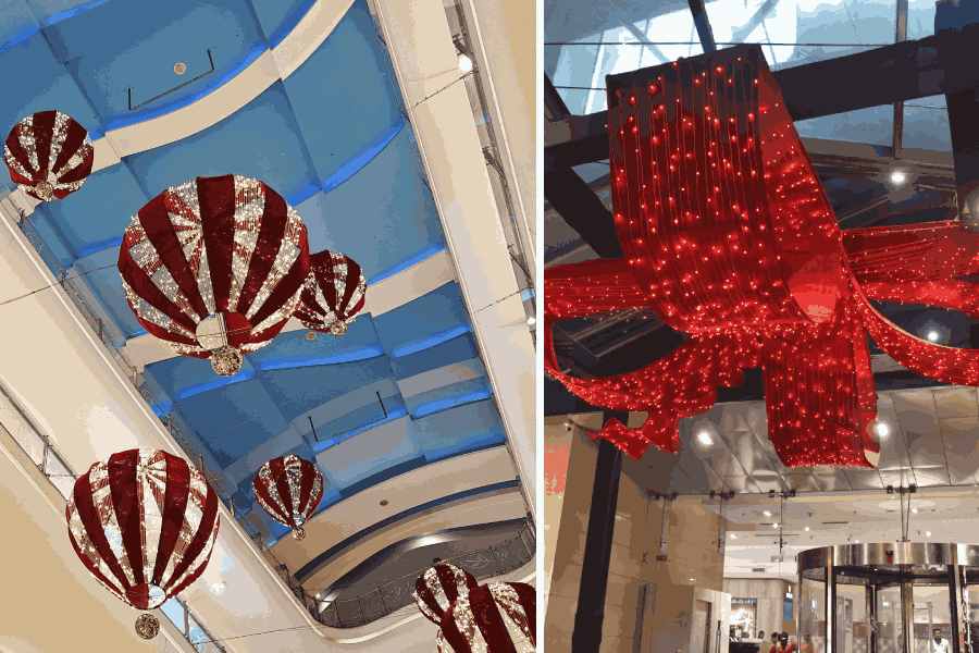 Two more installations that catch the attention are the red balloons hanging from the ceilings of the mall, and a big, red bow that is associated with Santa Claus above the portico at the main entrance. Quest Mall intends to celebrate the artistic heritage of Bengal, and has several other artistic projects planned for 2025