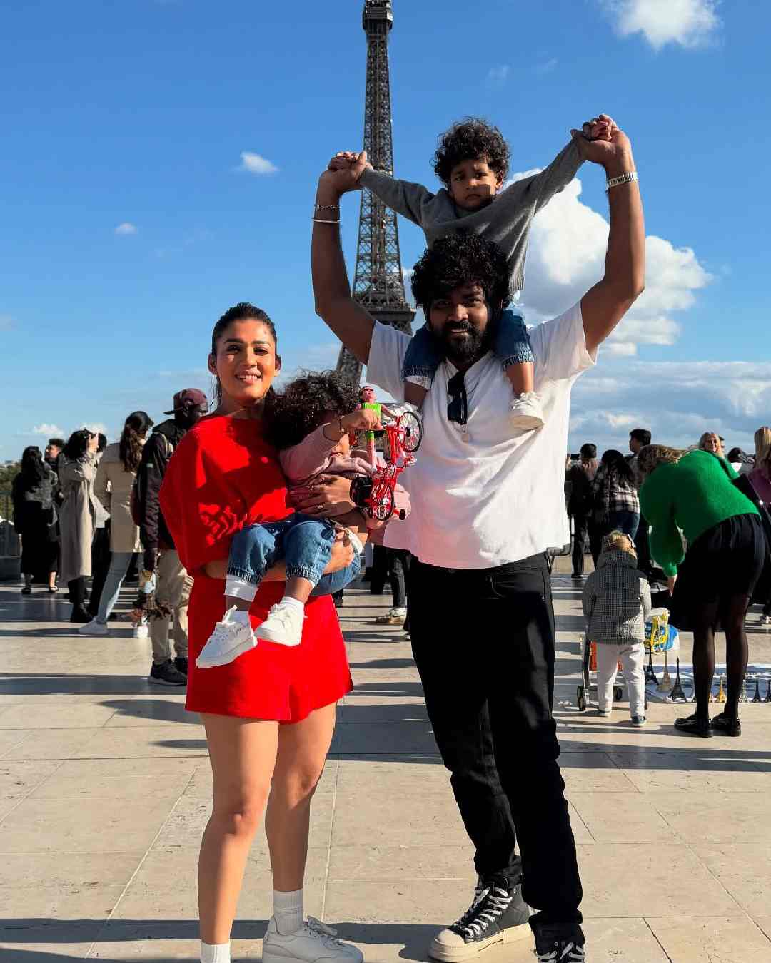 Actress Nayanthara embraced the holiday season in Paris with husband Vignesh Shivan and their twin sons, Uyir and Ulag. The family clicked a picture in front of the Eiffel Tower. 
