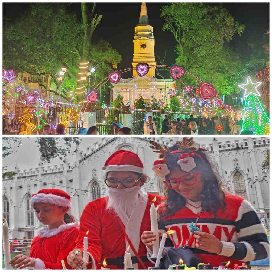 (Top) An illuminated St Olav’s Church at Serampore in Hooghly district on Wednesday and (above) faithfuls light candles on the campus of St Paul’s Cathedral 