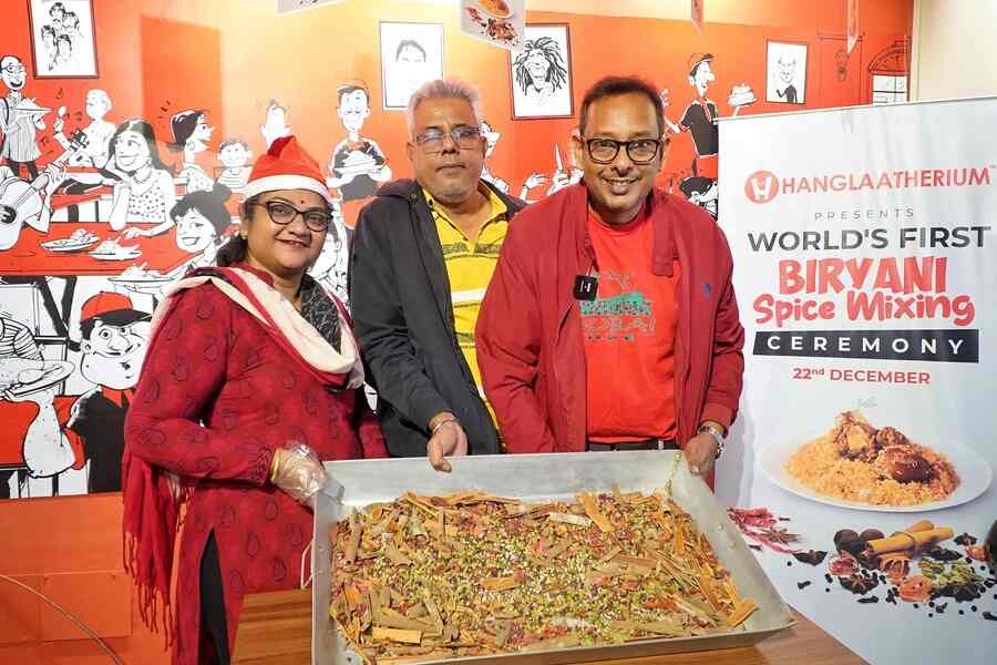 (From left) Piyali Banerjee, director, finance; Avijit Majumdar, director, operations and Sunando Banerjee, founder and CEO. On being asked why a ‘spice-mixing ceremony?’ Sunando Banerjee said: ‘Most restaurants and hotels in Kolkata have a cake-mixing ceremony and I wondered as a biryani speciality restaurant what we could do. That’s when our team came up with this idea. It is celebrating the true culture of the city where the spirit of Christmas blends in with the flavours of biryani’