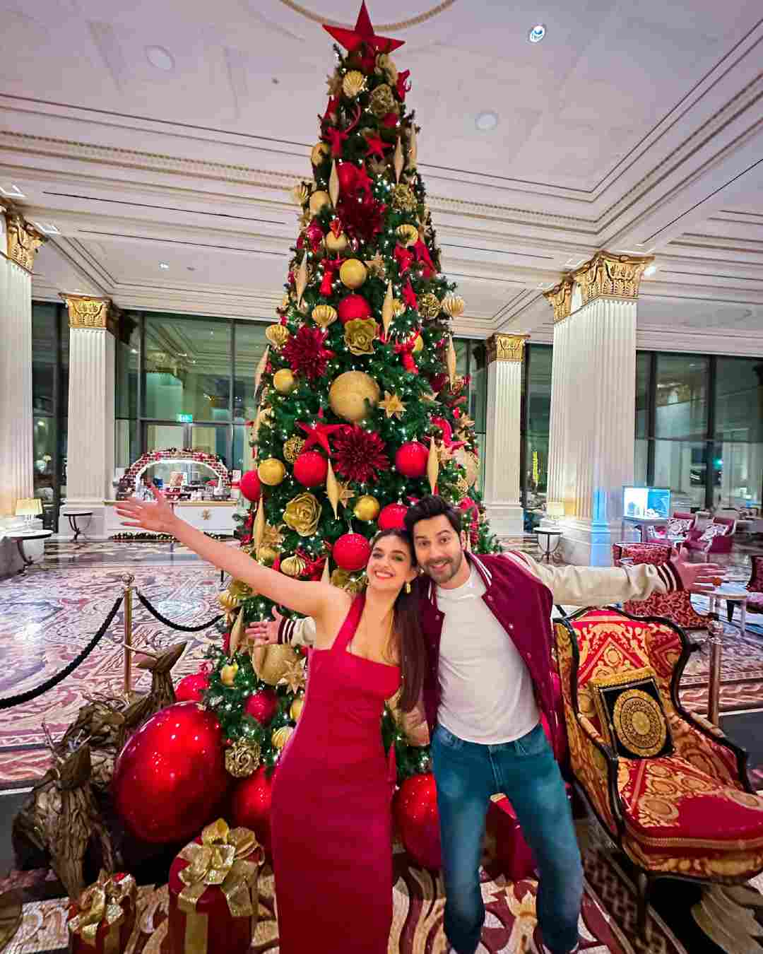 Varun’s Baby John co-star Keerthy Suresh posed with him in front of a Christmas tree.