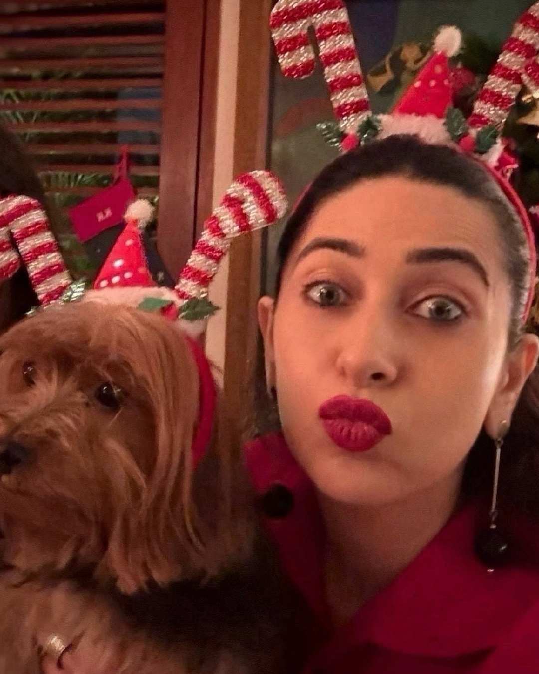 Karisma Kapoor and her pet dog Chanel posed for a funny picture together. They also sported matching reindeer horns.  
