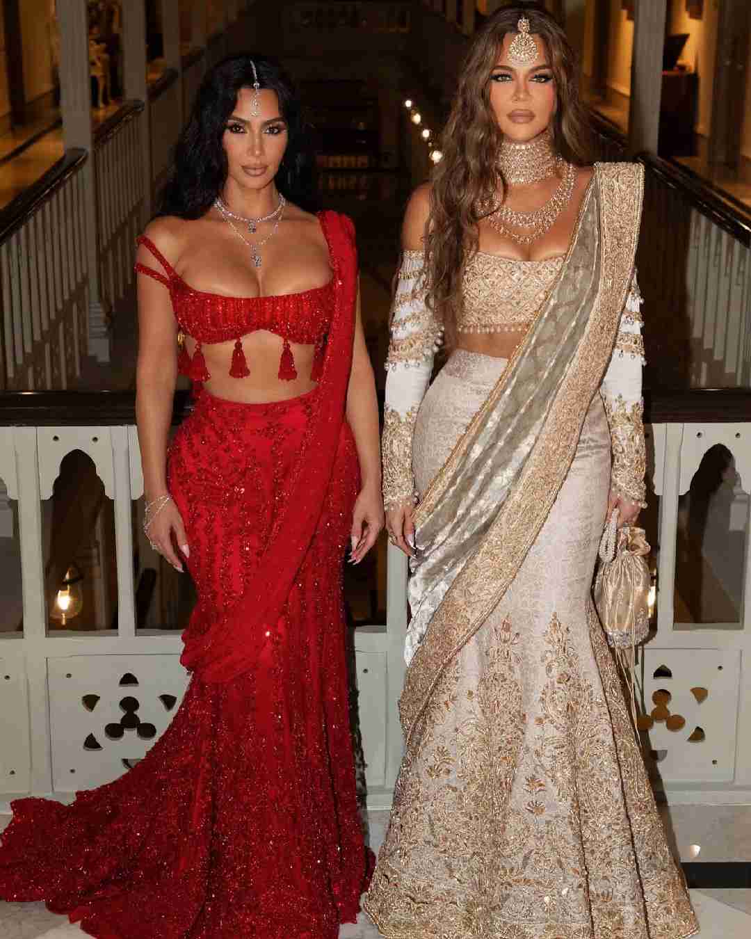 American media personalities Kim and Khloe Kardashian stunned in outfits designed by Manish Malhotra at Anant and Radhika’s July 12 wedding.